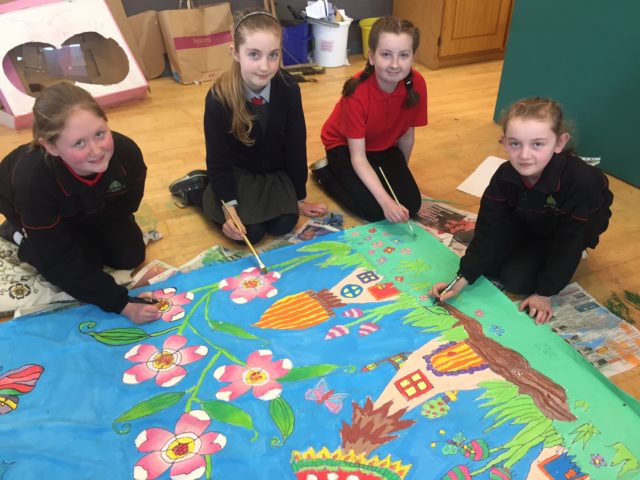 Doireann Moran, Meabh McGrath, Caoimhe Rothwell and Clodagh Cooney working on a back drop