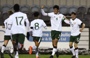 Anselmo Garcia McNulty of Republic of Ireland celebrates with, Conrad Egan Riley and Colin Conroy after scoring his side's first goal during the Under 15 International Friendly match between Republic of Ireland and Cyprus at Oriel Park in Dundalk, Co Louth