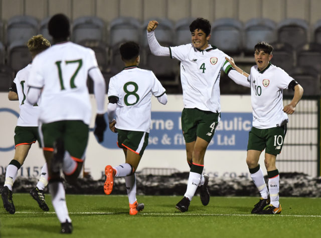 Anselmo Garcia McNulty of Republic of Ireland celebrates with, Conrad Egan Riley and Colin Conroy after scoring his side's first goal during the Under 15 International Friendly match between Republic of Ireland and Cyprus at Oriel Park in Dundalk, Co Louth