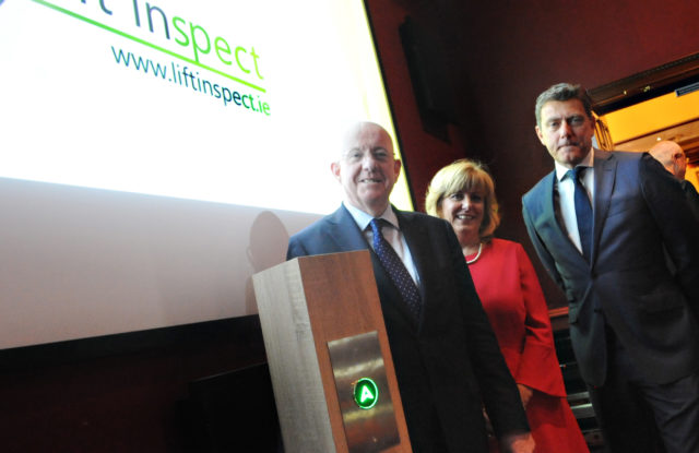 Minister Charlie Flanagan; Liz Orford (Managing Director; LiftInspect) and Marco Waagmeester; CEO of Liftinstituut Holdings