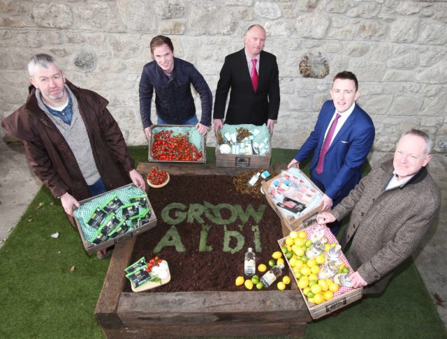 Pictured at the launch of ‘Grow with Aldi’ is Johnny Lynch, Macroom Buffalo Mozzarella; Martin Flynn, Flynn Nurseries; Seamus Mac Cathmhaoil, Rí na Mara; John Brett, Oakpark Foods and Peter Mulryan, Blackwater Distillery