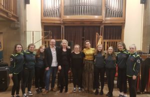 Music Generation Laois Senior Harp Ensemble together with Siobhán Buckley (tutor), Rosa Flannery (Coordinator Music Generation Laois), and Catriona McKay and Chris Stout at the Edinburgh International Harp Festival 2018