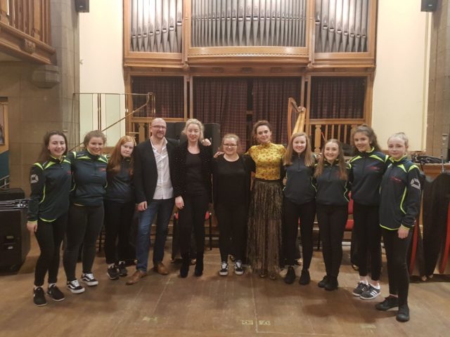 Music Generation Laois Senior Harp Ensemble together with Siobhán Buckley (tutor), Rosa Flannery (Coordinator Music Generation Laois), and Catriona McKay and Chris Stout at the Edinburgh International Harp Festival 2018