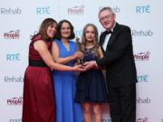 Evelyn O’Rourke (left) and Sean O’Rourke (right) present Colette Byrne and her daughter, Kate, with the Everyday Hero Award