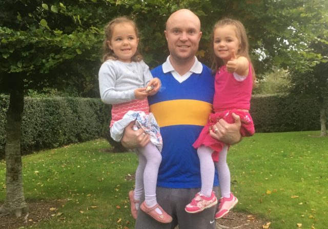 O Dempseys manager Ross Behan getting ready for the final with my twin girls Sophie and Isabelle Behan