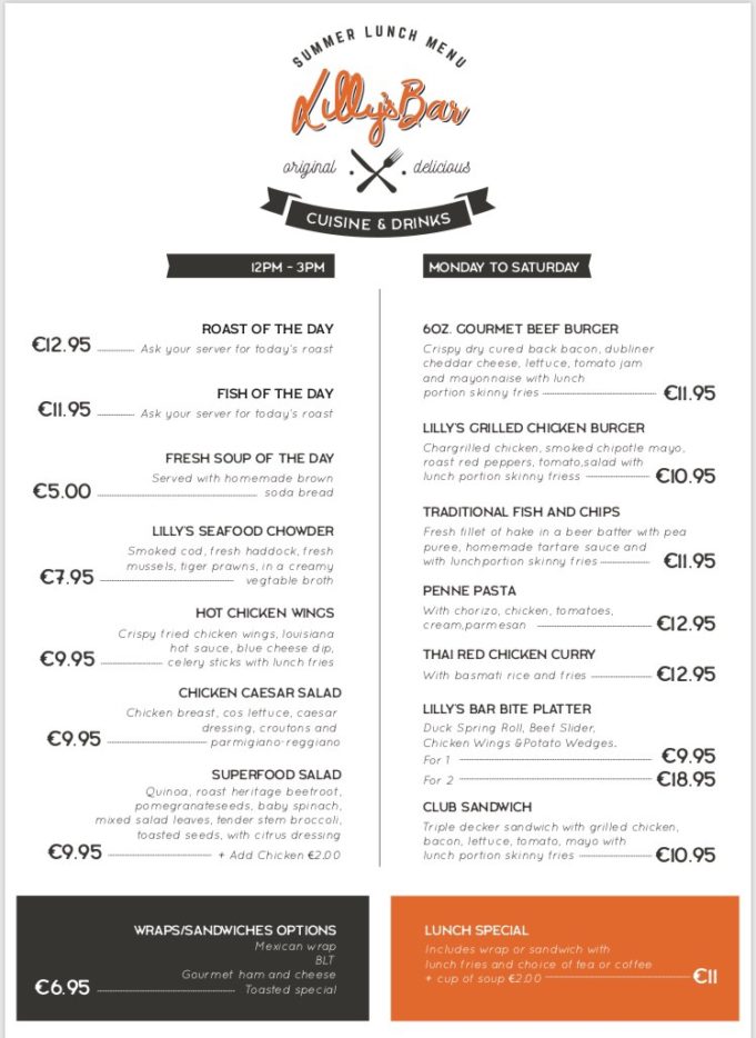 Check out the Lilly's Bar Portlaoise summer lunch menu Laois Today