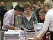 Returning officer Verona Lambe (centre) assisted by Declan Byrne, Laois County Council; Ruth McNally Offaly County Council and Elizabeth Sharkey, returning officer Westmeath checking votes on day 3 of the General Election 2011 Laois/Offaly Count at the count centre in Tullamore.