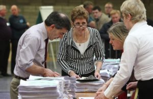 Returning officer Verona Lambe (centre) assisted by Declan Byrne, Laois County Council; Ruth McNally Offaly County Council and Elizabeth Sharkey, returning officer Westmeath checking votes on day 3 of the General Election 2011 Laois/Offaly Count at the count centre in Tullamore.