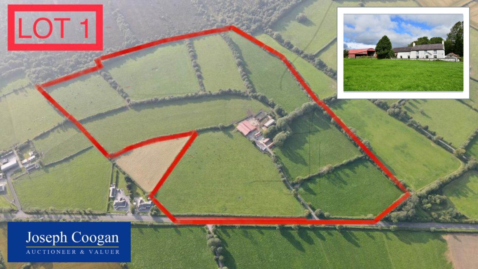 Property 40 acres with house and farm buildings for sale just outside