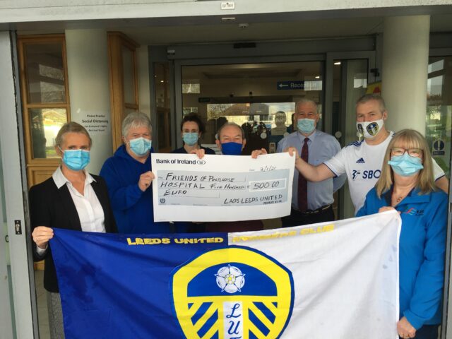 Colm O'Hara and Paddy Farrell of Laois Leeds United Members Club presenting a cheque to Tommy Timmons treasurer of Friends of Portlaoise Hospital