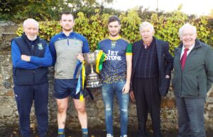 Eugene Fennelly of Abbeyleix, Ballypickas players of the past Tom Cahill and PJ Cahill with captains Alan Lynch and Willie McDonald