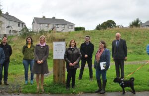 Minister Hackett pictured at the launch of the NeighbourWood project in Abbeyleix with Brian Maher, Mark Clancy, Niamh Hennessey, Mary White, Robbie Quinn, Dr. Fiona MacGowan, Cllr. John Joe Fennelly and landscape architect Bryan Gaynor with his daughter, Lucy Gaynor