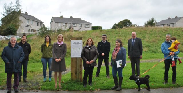NeighbourWood Minister Hackett pictured at the launch of the NeighbourWood project in Abbeyleix with Brian Maher, Mark Clancy, Niamh Hennessey, Mary White, Robbie Quinn, Dr. Fiona MacGowan, Cllr. John Joe Fennelly and landscape architect Bryan Gaynor with his daughter, Lucy Gaynor
