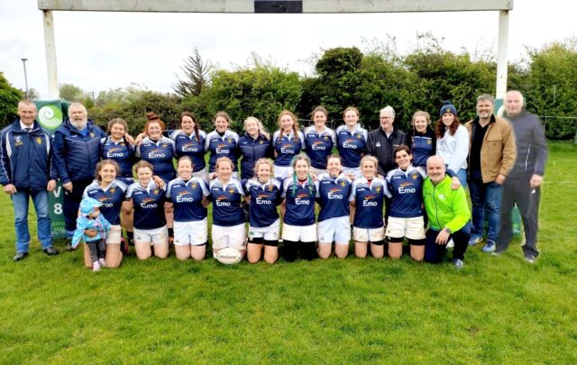 Portlaoise women's team and management celbrate winning promotion to Division 2 of the Leinster League with the defeat of Clontarf in Clondalkin on Saturday