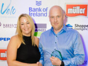 Nikki Murran, director of Grocery Retail, Excel Recruitment, presents the Cash and Carry Manager of the Year Award to Keith Browne, 4 Aces Wholesale, Portlaoise, Co. Laois, at the ShelfLife Grocery Management Awards 2023