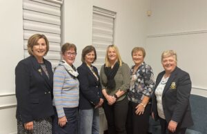 newly elected Captain Theresa Boyle, Sadie Ging, outgoing Club President Póilín Hooban, Noeleen Byrne, Marie Conlon, and out-going Captain Rovena Fahey