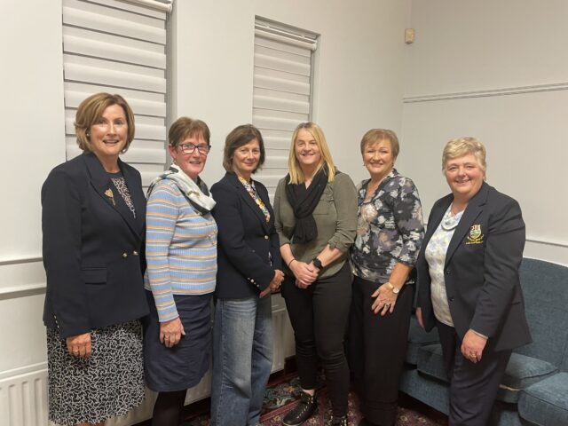 newly elected Captain Theresa Boyle, Sadie Ging, outgoing Club President Póilín Hooban, Noeleen Byrne, Marie Conlon, and out-going Captain Rovena Fahey