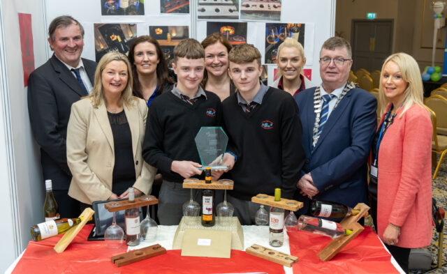 The Senior Level winners David Reddin and John Phelan (Steady Wine) from St. Mary’s CBS Portlaoise pictured with John Mulholland chief executive LCC; Honor Deevy, Laois LEO; teacher Deirdre Moore; Rosie Dunne co-ordinator; teacher Emma Lynch; Cllr Paschal McEvoy, cathaoirleach of Laois County Council and Linda Meredith Local Enterprise Office Laois at the County Final of the Student Enterprise awards.